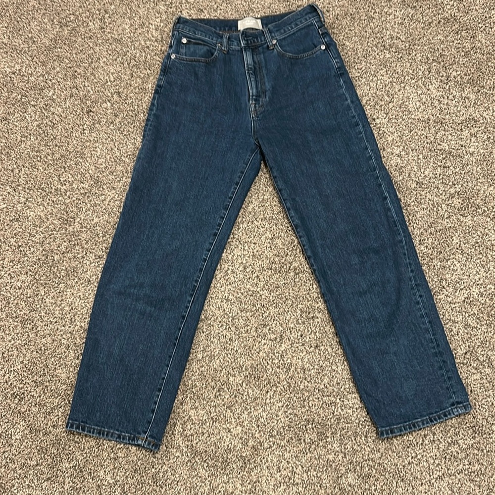 Cropped, high waisted, dark wash jeans